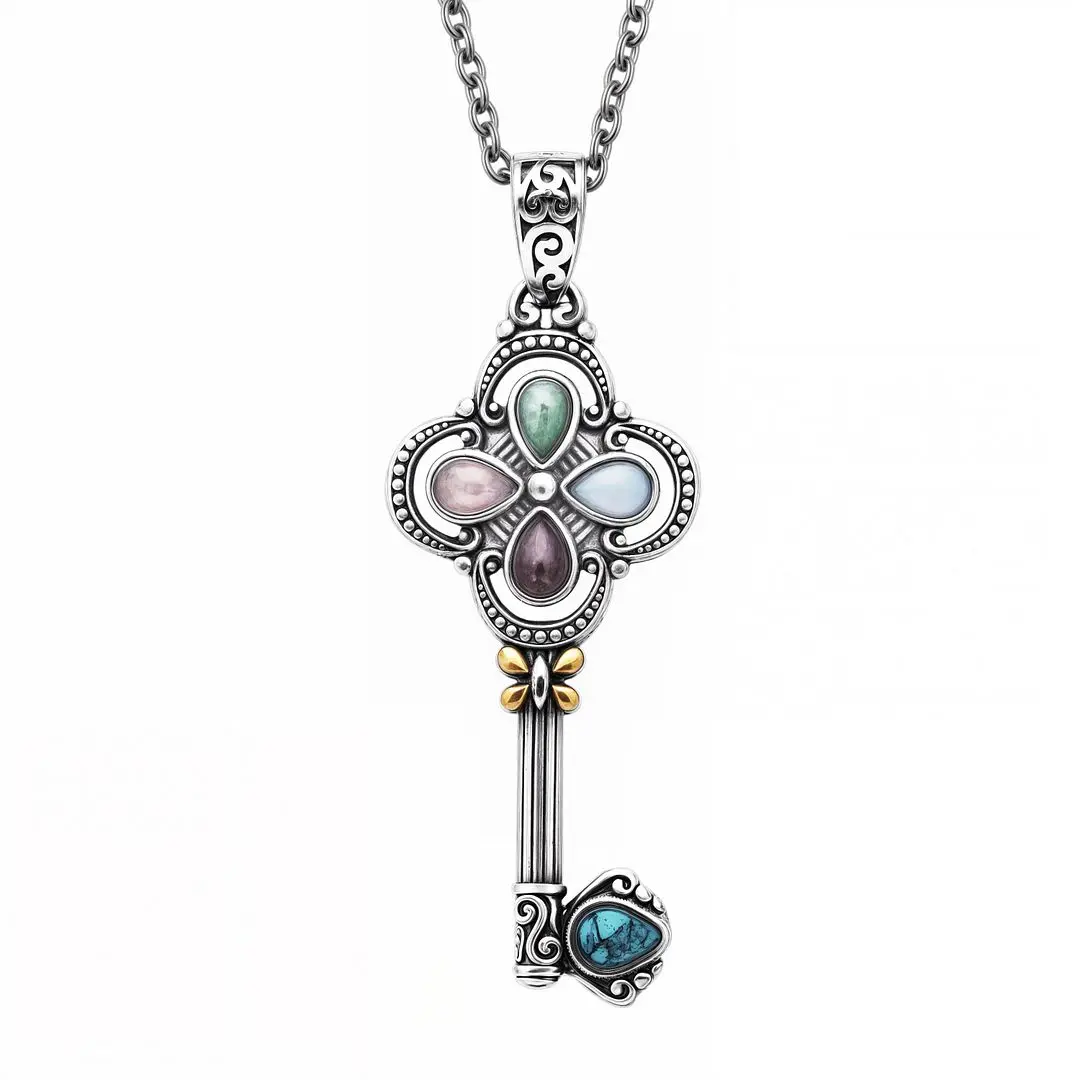 Key Necklace Pendant Stainless Steel with Gold Plated - Charm Necklace for Women with Rose Quartz, Amethyst, Aventurine, Opalite & Howlite Jewelry Chain Length - 20 inch Christmas Gifts
