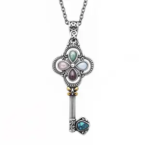 Key Necklace Pendant Stainless Steel with Gold Plated - Charm Necklace for Women with Rose Quartz, Amethyst, Aventurine, Opalite & Howlite Jewelry Chain Length - 20 inch Christmas Gifts