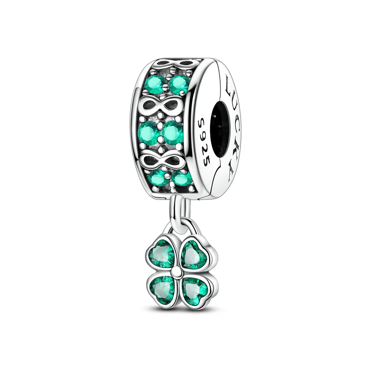 MULA Lucky Infinity Four Leaf Clover Pendant Clip - 925 Silver-plated CZ Bead Stopper, Compatible with Pandora Bracelets, Perfect Gift for Women Girls Birthday St. Patrick's Day, Green Cubic Zirconia