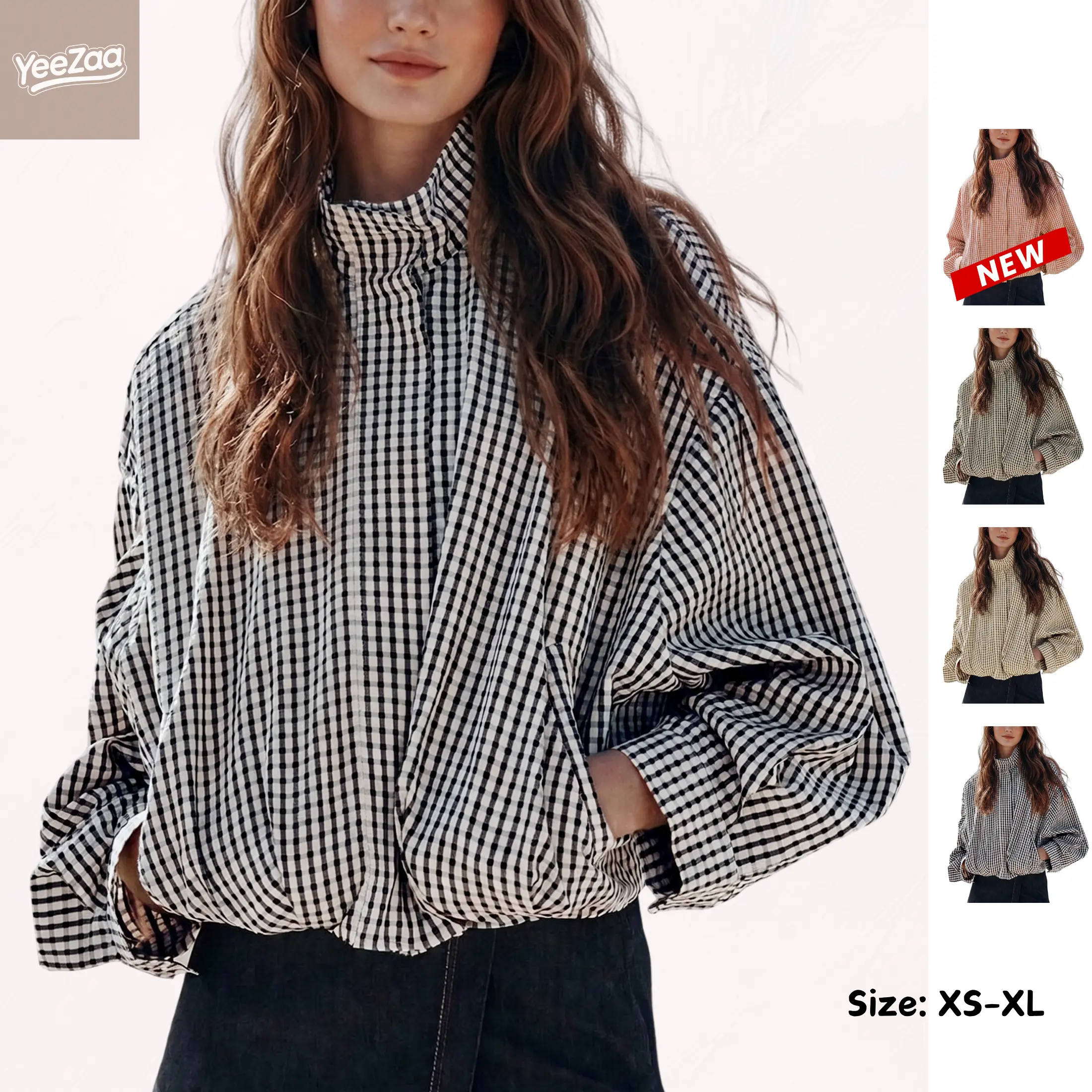 YeeZaa Women's Gingham Plaid Jacket Cropped Zip Up Stand Collar Oversized Jackets with Batwing Sleeves Loose Casual Lightweight Coats 2026 Fall Outfit with Pockets Back to School First Day Outfit