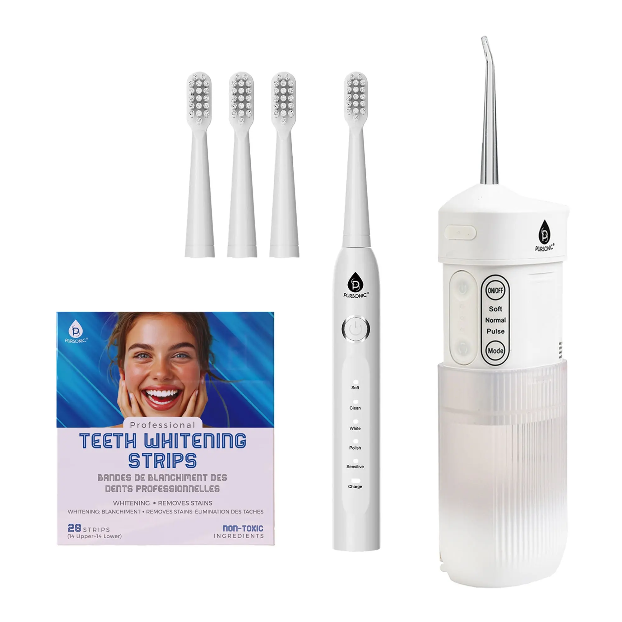 Pursonic PowerSmile Bundle – USB Rechargeable Sonic Toothbrush, Collapsible Water Flosser & Professional Teeth Whitening Strips for a Complete Oral Care System
