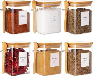 6 Pcs Square Glass Jar with Bamboo Lid and Spoon - 27 oz Large Sugar Container with 148 Kitchen Pantry Spice Jar Labels Preprinted - Glass Containers with Wooden Lids Hold Coffee, Tea, Candy