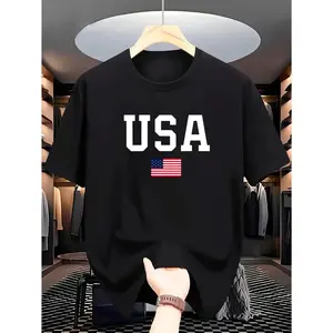 Cotton Short Sleeve T-Shirt Men's Patriotic USA Flag Print T-Shirt - Crew Neck, Casual Summer Tee with "USA" Lettering and American Flag Detail Graphic tees
