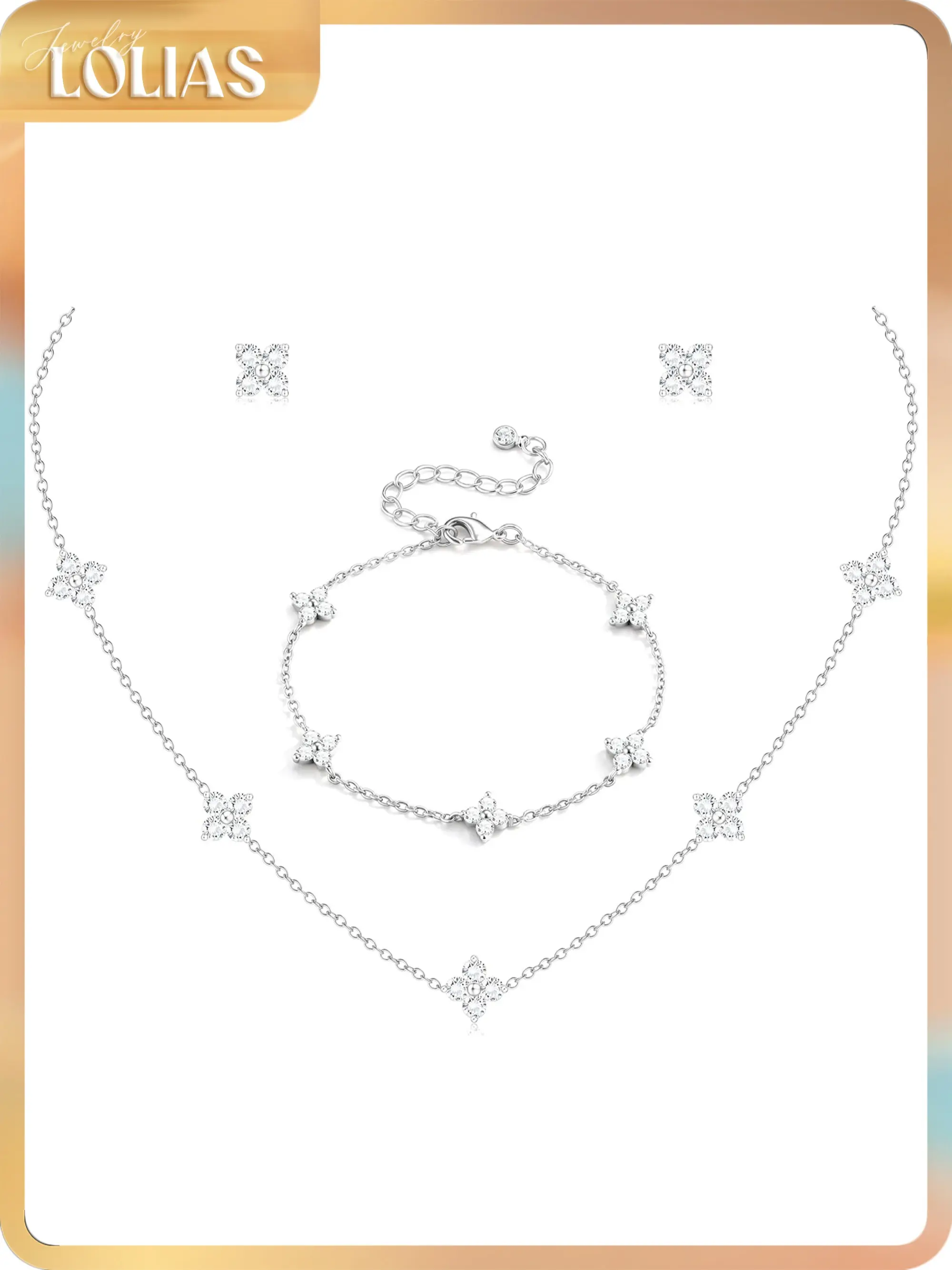 LOLIAS Dainty Silver Gold Jewelry Set for Women Trendy 14K Gold Plated CZ Flowers Pendant Choker Necklaces for Women Stud Earrings Link Bracelets Stack Jewelry Gifts for Wedding Prom Brides