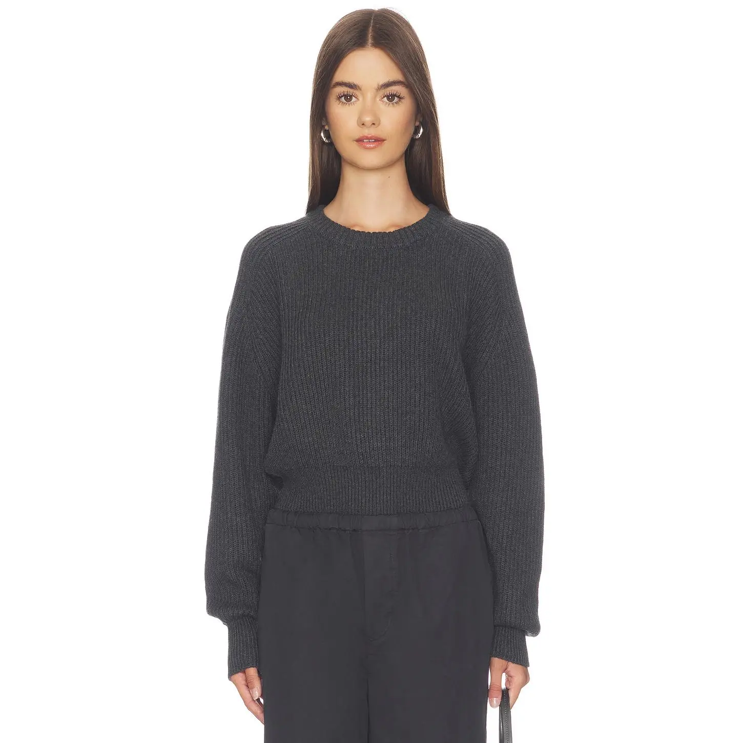 Enza Costa Cotton Cashmere Raglan Sweater in Charcoal