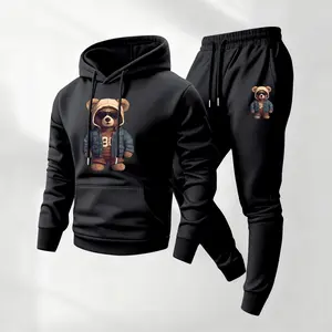 Men's 2-Piece Bear Printed Polyester Fabric Longsleeves Hoodie & Drawstring Sweatpants Set - Mensfashion Casual Athletic Tracksuit for Fall & Winter Daily Wear