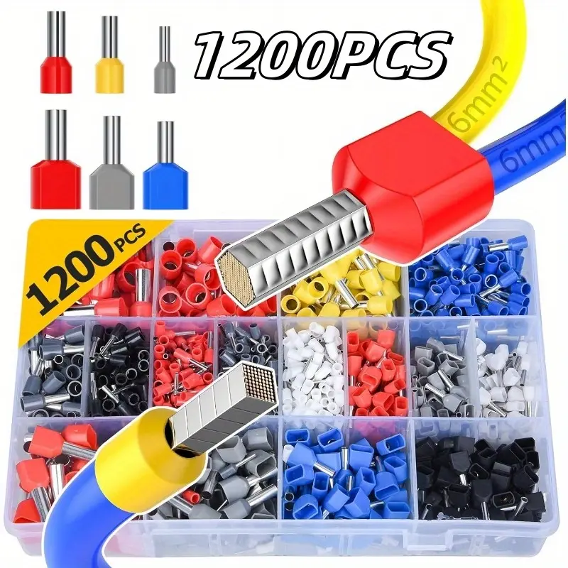 1200-Piece Wire Ferrules Kit - High Conductivity Uncharged Copper Crimp Connectors, Insulated Sleeves, VE Tubular Electrical Cable Ends, Single/Double Wire Terminals, Cord Pin End Blocks for DIY Wiring, Furniture, Household Appliances, Car Audio Equipment