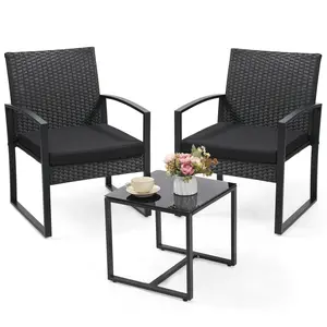 3 Piece Wicker Patio Bistro Set Rattan Sofa with Coffee Table Black Frame Beige Cushions Minimalist Design Square Table Fast Assembly Outdoor Furniture
