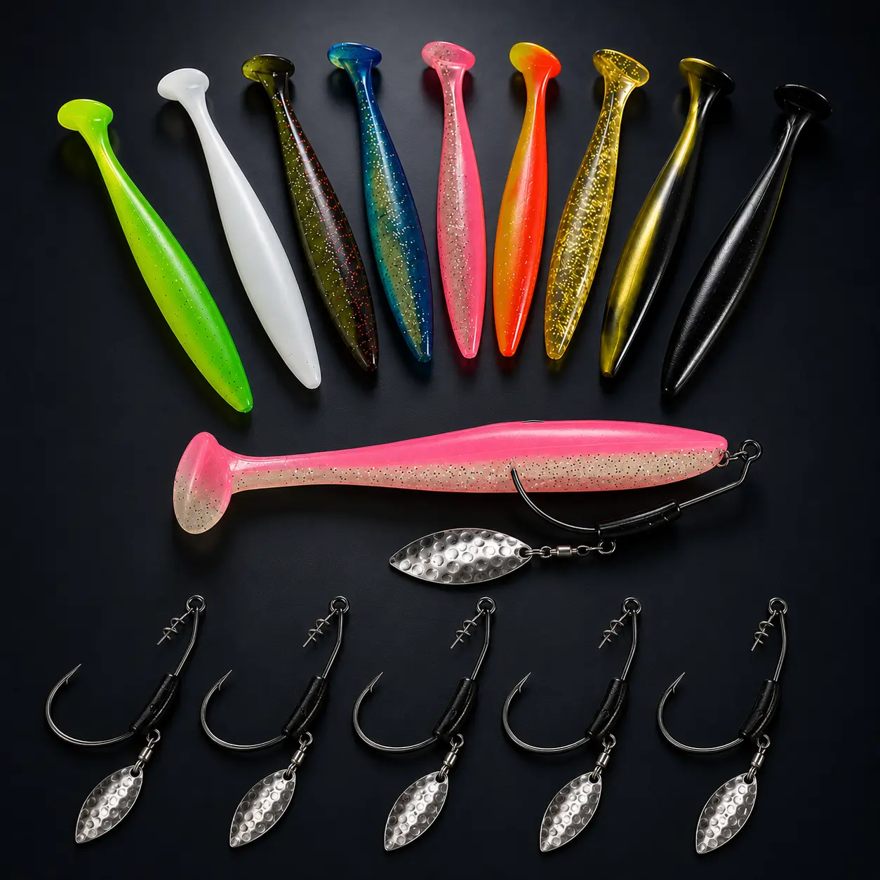 15PCS Fishing Lure Kit, 10PCS 4.72in/12cm T-Tail Soft Swimbaits & 5PCS 3/16oz Weighted Spinner Hooks, Paddle Tail Bass Lures with Willow Blade, Spring Lock Keeper for Bass Trout Pike Walleye