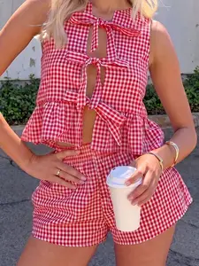 2 Piece Set, Cute Plaid Sleeveless Cropped Tie Top and High Waist Loose Shorts, Bow Tie Design, Classic Plaid Pattern, Womenswear, Suitable for Adult Women, Daily Travel Vacation Outfits, Women Casual Clothing Suit