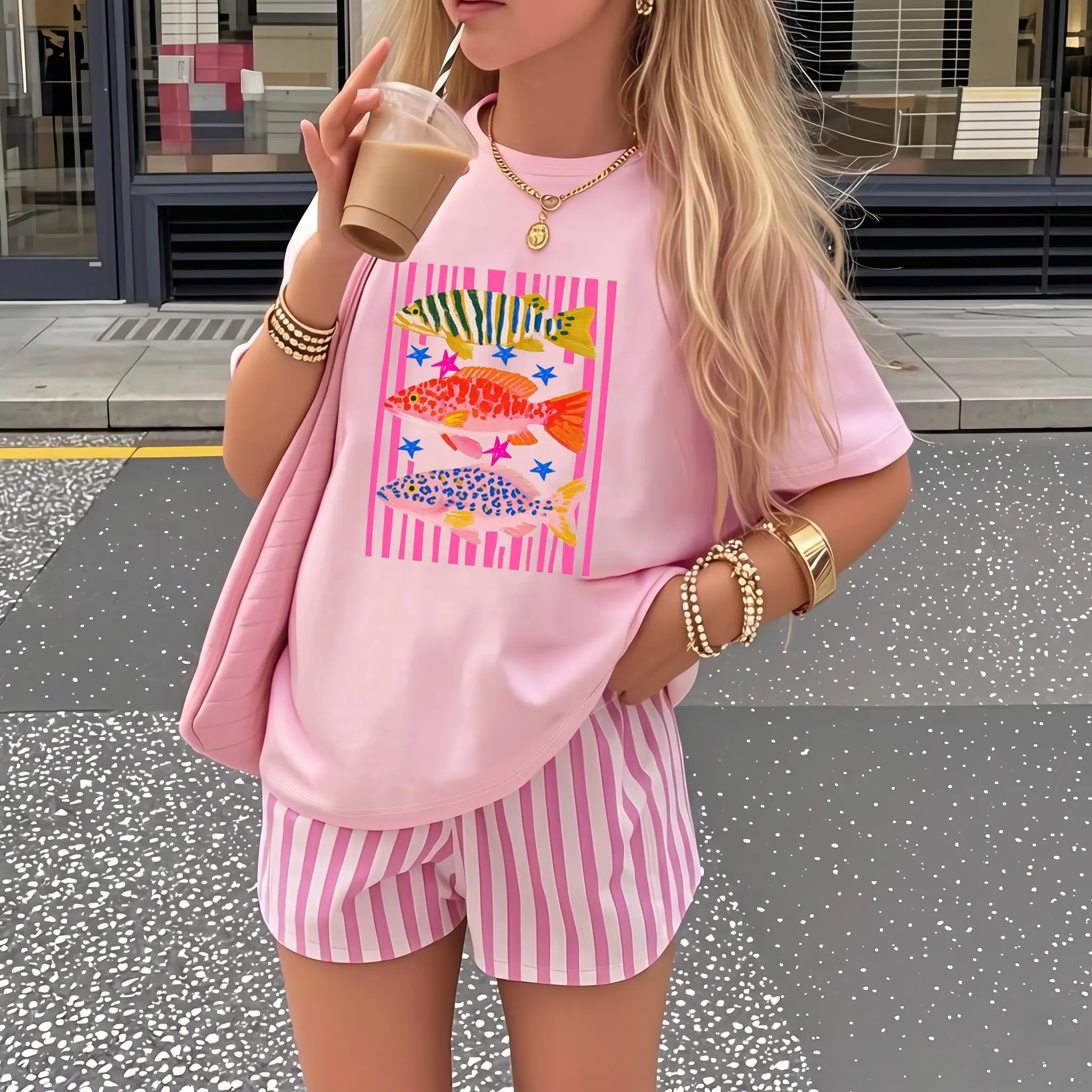 Women's Preppy T-shirt, Stripped Fishes Lovers Tee