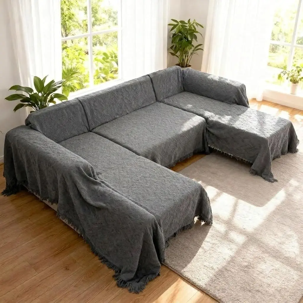 U Shaped Sectional Couch Covers, 3 Pieces Couch Cover for Sectional Sofa, Washable U Shape Sofa Cover Blankets Furniture Protector for Dogs Pets (2PC 110"x63" + 1PC 90"x71", Dark Gray)