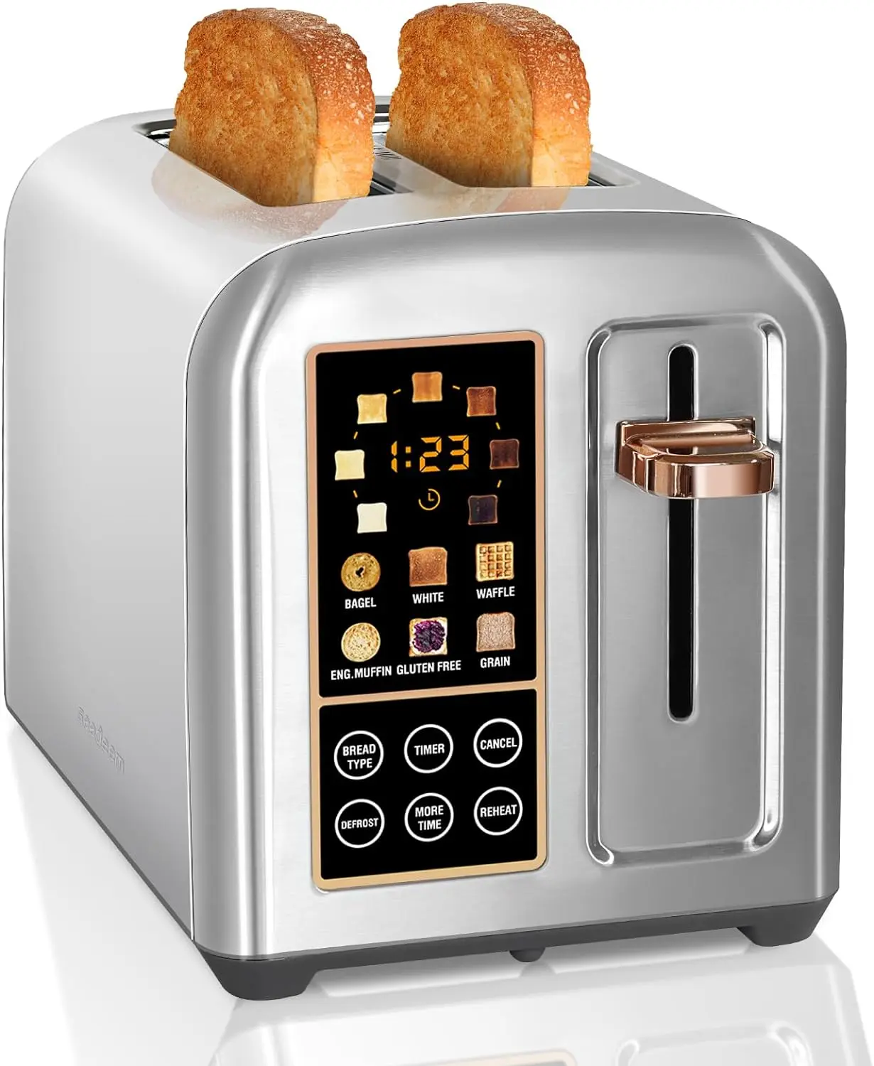 SEEDEEM 2 Slice Stainless Steel Toaster, LCD Display & Touch Buttons, 50% Fast Heating, 6 Bread Selections, 7 Shade Settings, 1.5in Wide Slots, Removable Crumb Tray, 1350W Kitchen Home Appliance