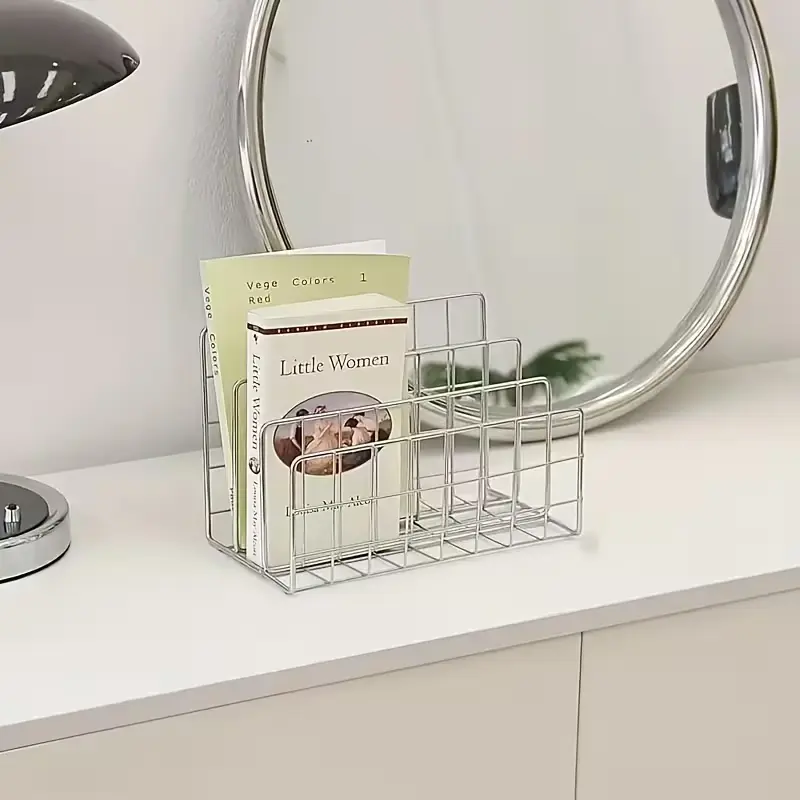 Modern Silver Office Book Rack – Stylish Metal Organizer with Storage Basket – Contemporary Magazine & Newspaper Holder; Nordic-Style Iron 3-Tier Book Stand Suitable for Home Office Decor, Plus Desktop and Drawer Storage with 10 Compartments.