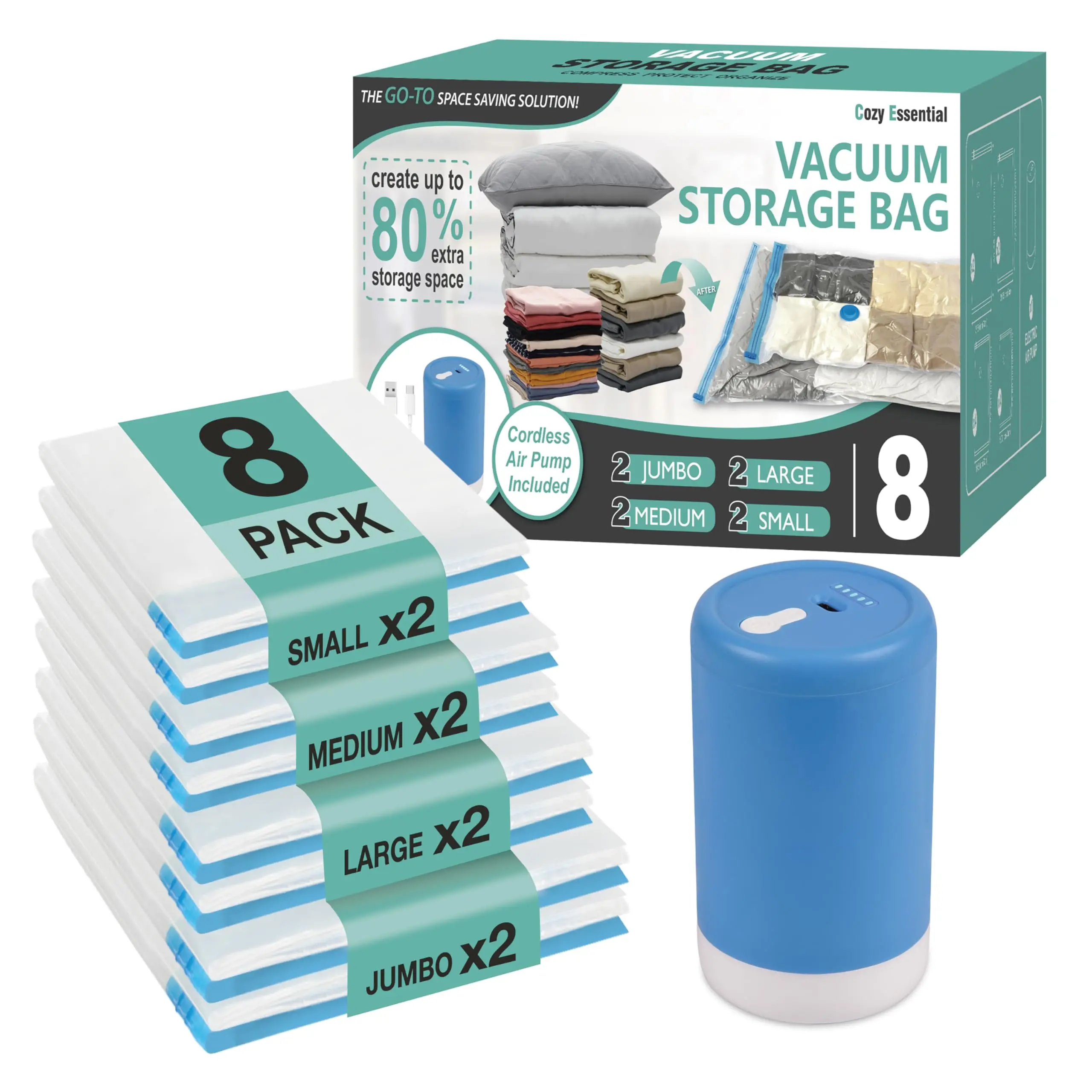 Transparent Travel Vacuum Compression Storage Bags Organiser Set with Rechargeable Cordless USB Turbo Pump, 8-Piece Space Saver for Luggage, Clothes & Seasonal Storage