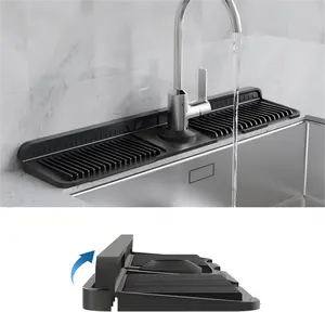24-Inch Silicone Faucet Splash Guard Mat – Kitchen Sink Protector, Anti-Splash Drain Pad, Fast Drying Faucet Tray (Gray/Black)
