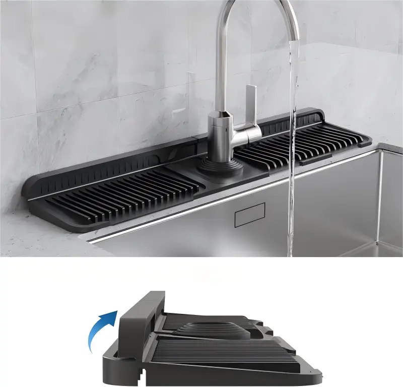 24-Inch Silicone Faucet Splash Guard Mat – Kitchen Sink Protector, Anti-Splash Drain Pad, Fast Drying Faucet Tray (Gray/Black)