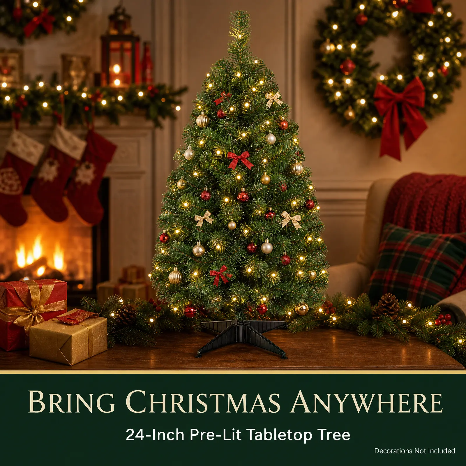Pre-Lit Tabletop Christmas Tree with 35 LED Lights | Artificial Mini Holiday Tree with Sturdy Stable Base for Home Office Dorm Apartment Balcony Entryway Counter Shelf Party Table Display Present