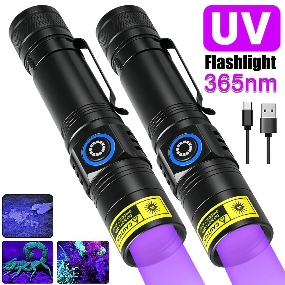 365nm 5W Portable UV Black LED Flashlight, Type-C USB Rechargeable, Aluminum Alloy Shell With Power Indicator Metal Clip, For Pet Urine Gem Resin Scorpion Hunting, Rechargeable Powerful Flashlights, Usb Rechargeable Flashlight