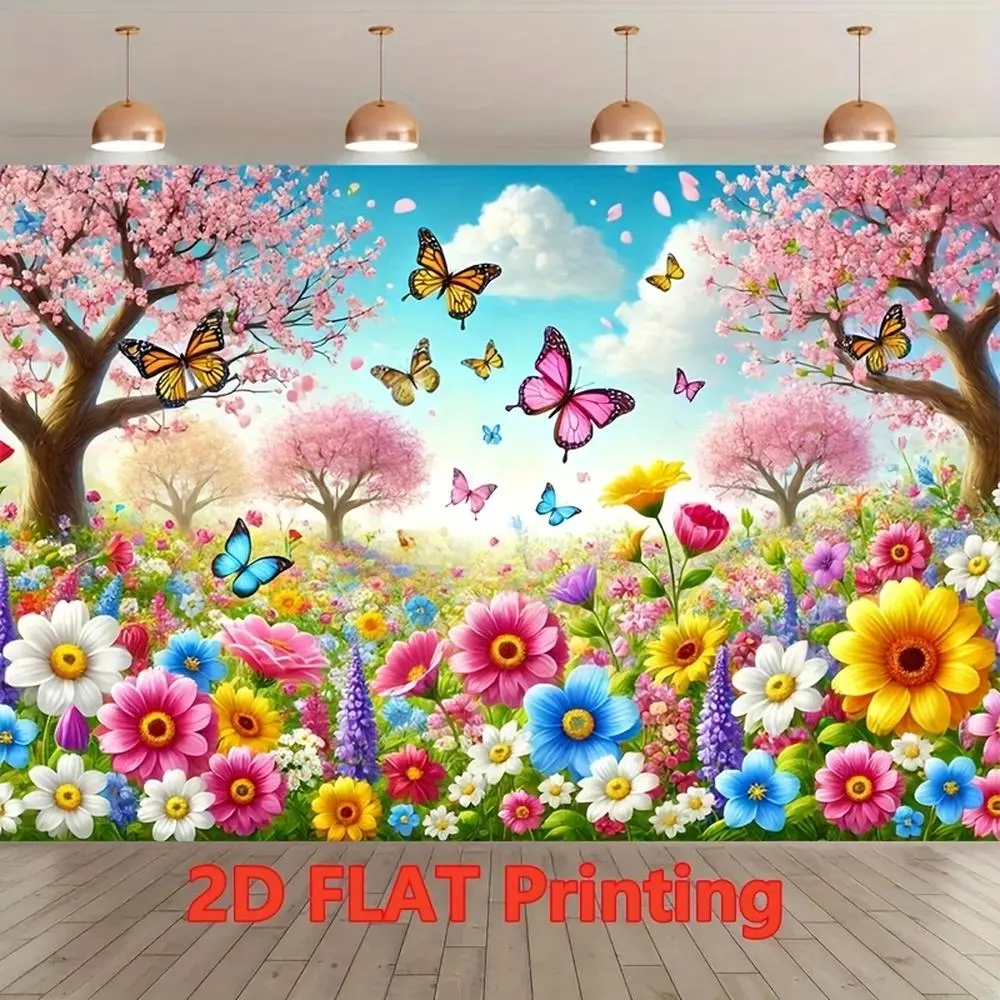 1pc Reusable Polyester Photography Backdrop - Colorful Spring Flower Meadow, Cherry Blossom, Butterfly Scene, Happy Birthday & Party Decoration, Studio Prop, Happy Birthday Backdrop, Reusable Polyester Backdrop