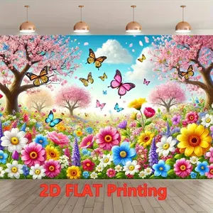 1pc Polyester Photography Backdrop - Colorful Spring Flower Meadow, Cherry Blossom, Butterfly Scene, Ideal for Birthday Decorations, Studio Props, Indoor/Outdoor Party Banners