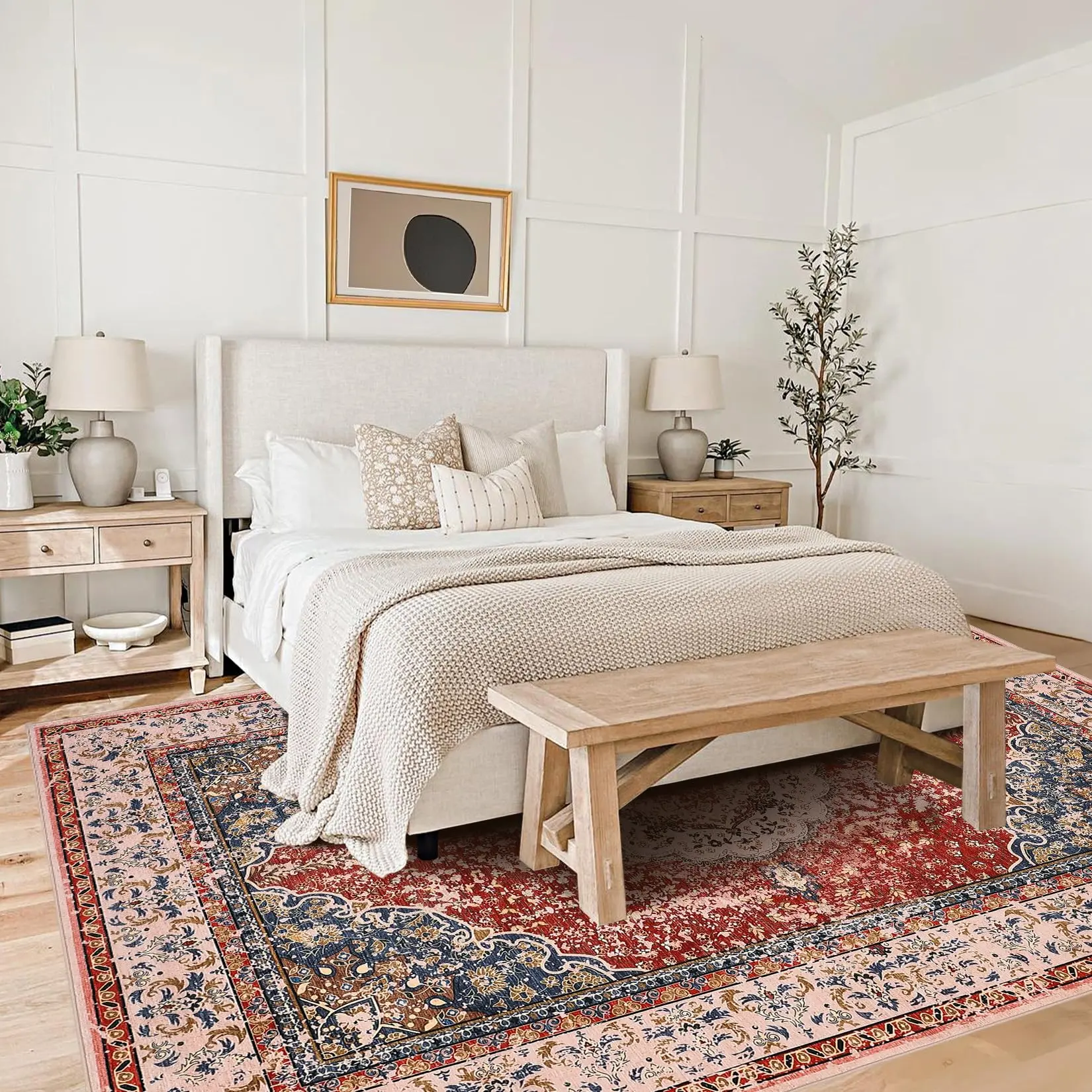 Garvee Washable Vintage Boho Floral Area Rug - Faux Lamb Velvet Soft Low-Pile Carpet, Non-Slip TPR Backing, Thin Indoor Floor Rug for Living Room Bedroom Kitchen Entryway - 120x170 cm, Red