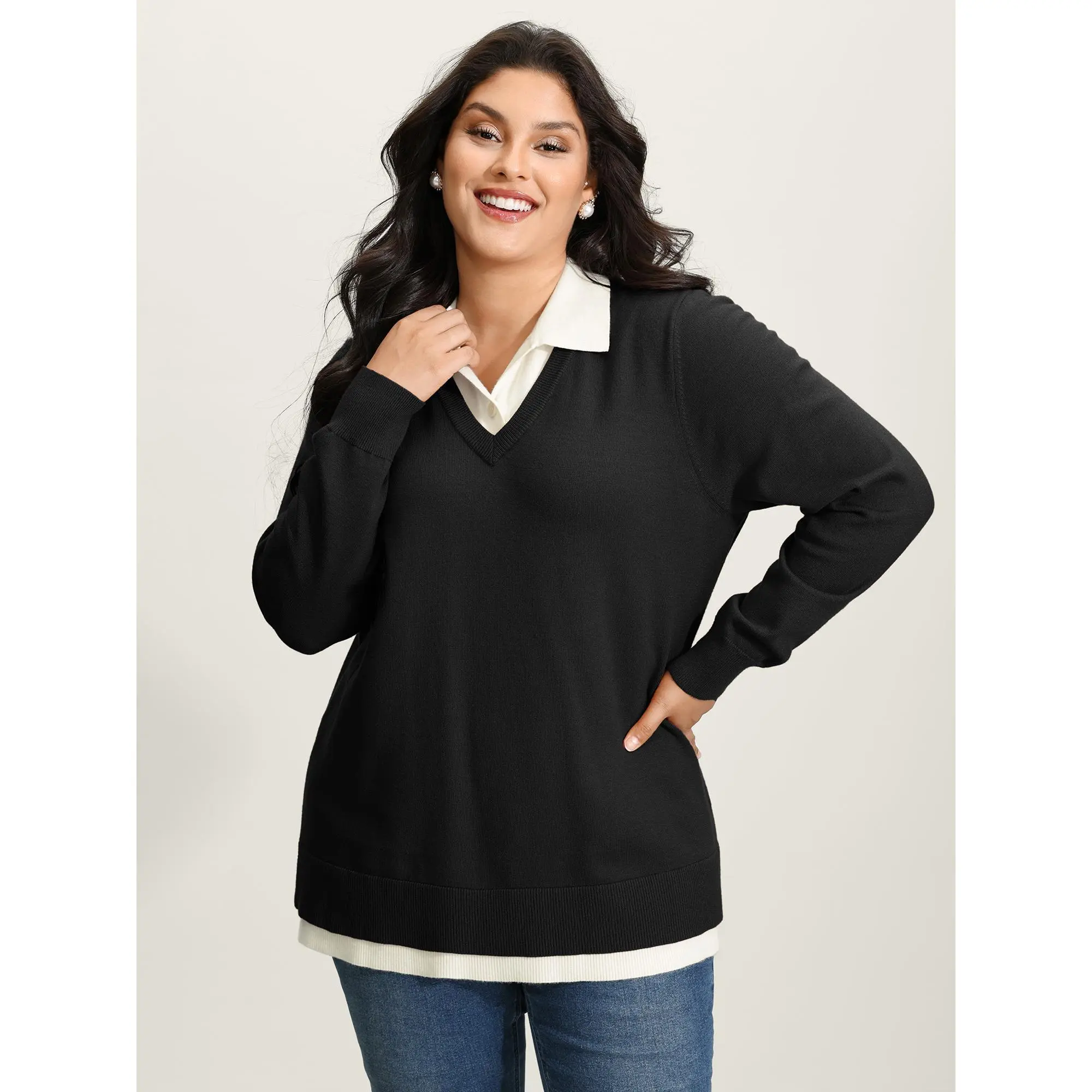 BloomChic Women's Plus Size 2-in-1 Colorblock Sweater, Casual Polo Collar Comfortable Soft Long Sleeve Knit Pullover, Knitting, Fabric