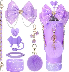 Mity Rain Bling Cup Accessories for Stanley Cup 30Oz 40Oz 20Oz Tumbler with Handle, Including Bow Straw Topper Cover, Straw Bow Decorate, Leather Water Bottle Handle Strap, Boot (Purple) Mity rain