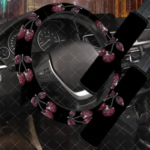 3Pcs/Set Rhinestone Cherry Car Interior Set, Car Interior Decoration, Car Interior Accessory, Girly Car Accessories, Sparkly, Includes Steering Wheel Cover, Car Seat Belt Cover, No Inner Ring, Durable Material, For Women, Car Enthusiasts, Gift For Drivers