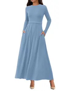 BTFBM Long Sleeve Dress for Women 2026 Winter Business Casual Clothes Pleated Fall Wedding Guest Dresses Pockets