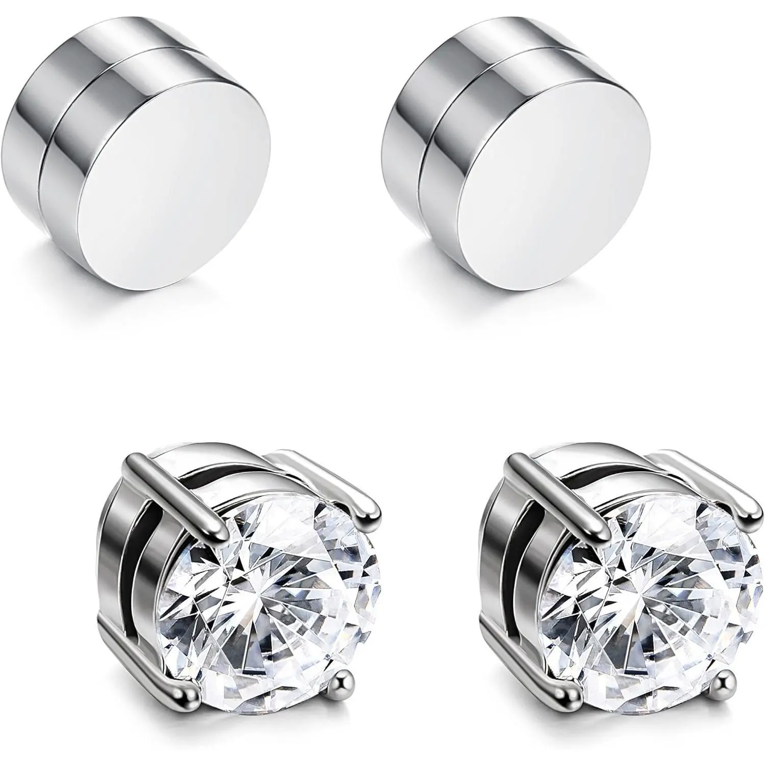 Stainless Steel Stud Earrings 2 Pairs 6MM for Men Women Non Piercing Clip on CZ Earrings`