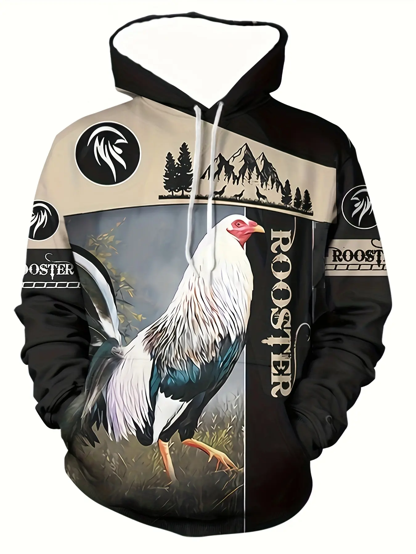 Black and Brown Spliced Rooster Print Aesthetic Hoodie Sweatshirts Pullover, Retro Vintage Casual Streetwear Street Style