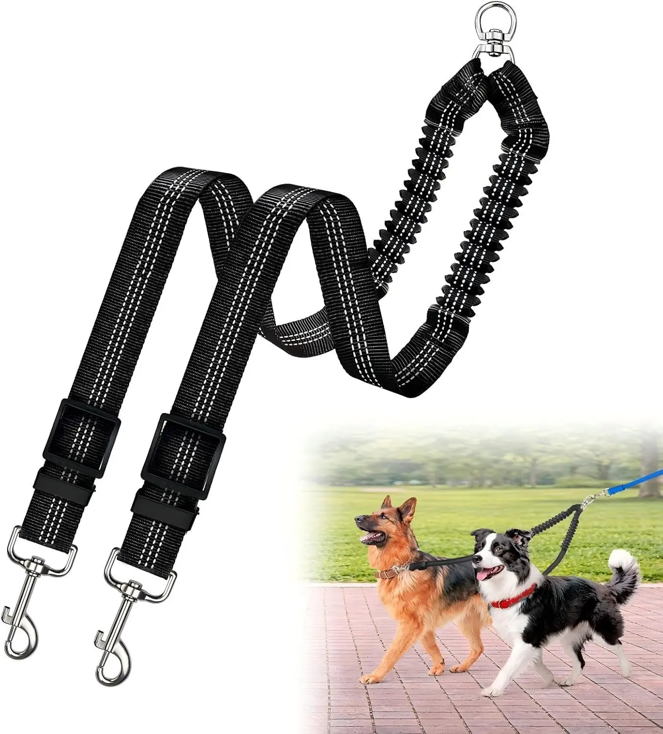 Double Dog Leash Splitter for Small-Large Pets - Professional No-Tangle 360° Swivel Coupler, Shock-Absorbing Adjustable Bungee Cord, Dual-Sided Reflective Strips