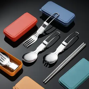 304 portable cutlery set made of stainless steel, including spoon, knife, fork, and chopsticks, with storage case, foldable cutlery for picnics and outdoor camping, essential for commuting, students, and travel picnics