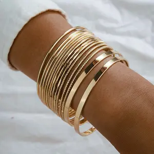 Women's Exquisite Artificial Gemstone Stacking Bracelet Set - Trendy Stack Bangles, Multi-Layer Golden Smooth Wide Bracelets, Fashionable Jewelry for Daily Wear & Gifting, Trendy Stack Bangle