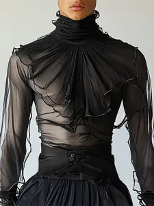 INCERUNSHOP Men's Fashion Sexy Transparent Elegant High Neck Ruched Shoulder Design Top, Summer Daily Party Wear, Stylish Casual Shirt