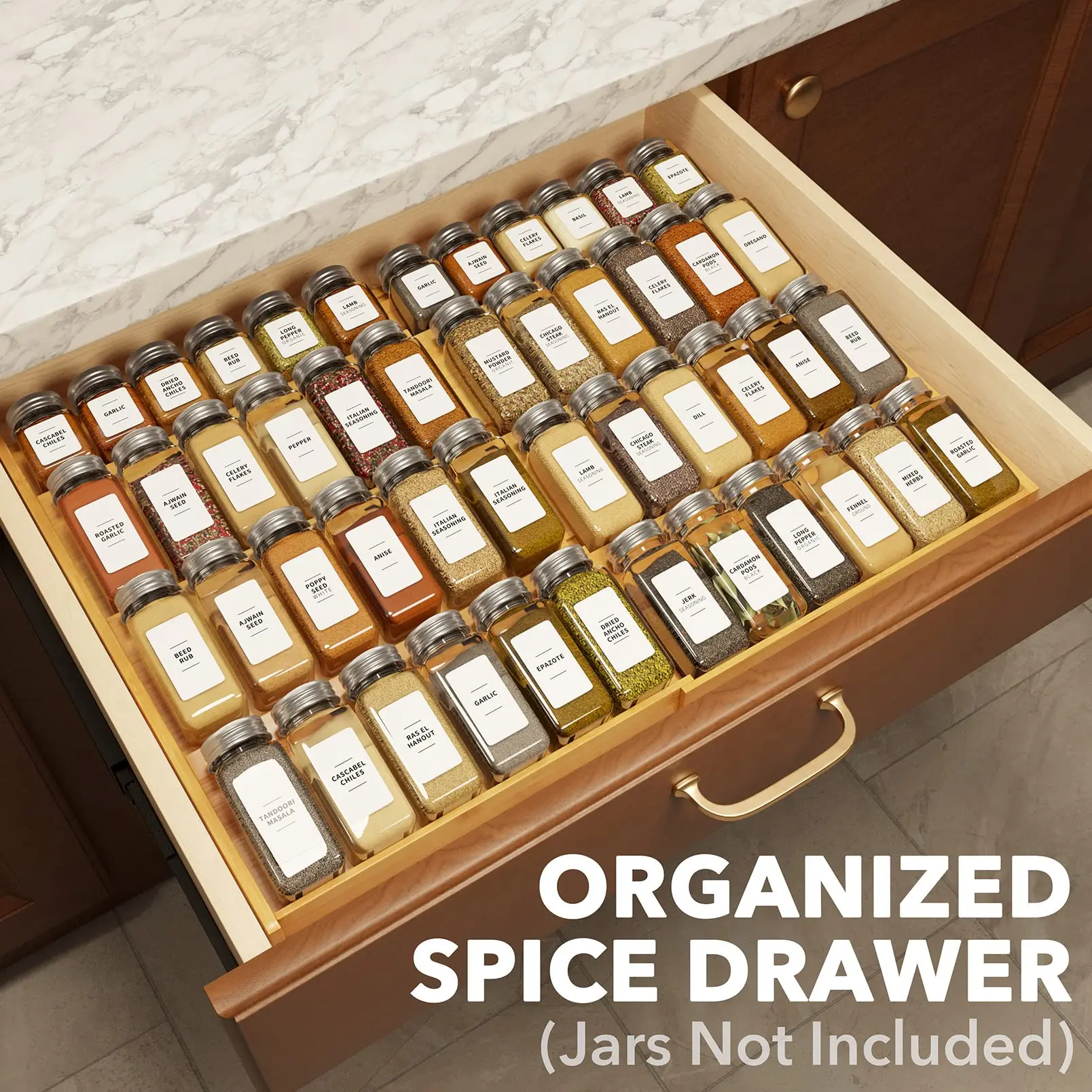 Expandable Bamboo Spice Drawer Organizer, 4-Tier Adjustable Kitchen Seasoning Storage Rack, Fits 12" to 23" Wide Drawers, Requires 3" Drawer Depth, Jars Not Included
