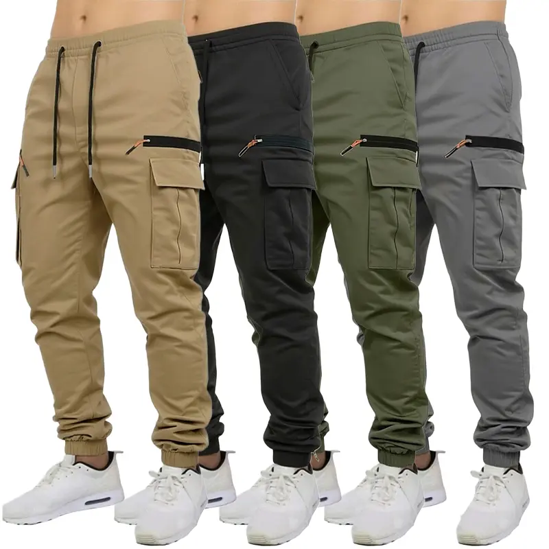 Clean Gent 4-pack men’s loose-fit solid color cargo pants with pockets and drawstring; street-style casual long pants with multiple zippered pockets, suitable for everyday wear and all seasons.