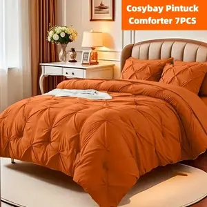 Cosybay 7PCS Comforter Set - Queen/King, Soft & Fluffy Pinch Pleated Bedding, Deep Pocket Sheets + Pillowcases