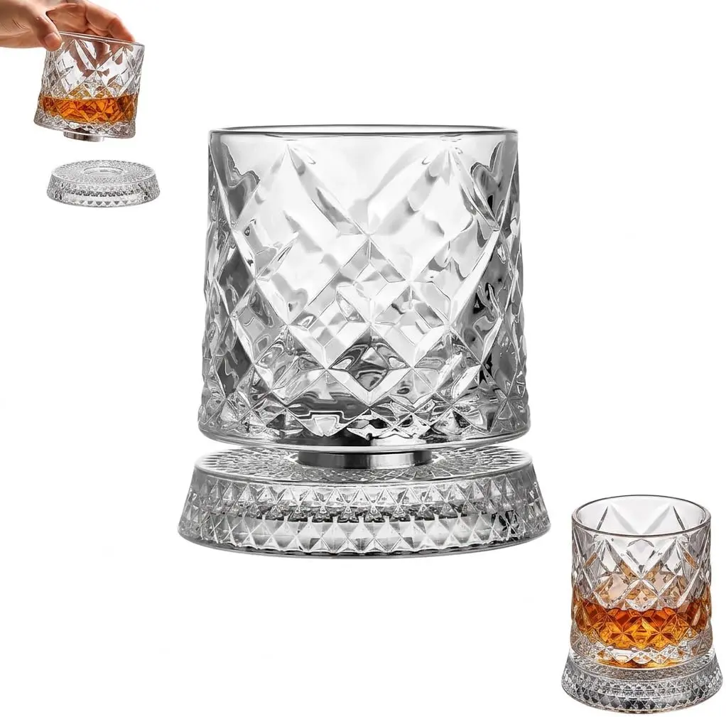 Glow in the Dark Spinning Whiskey Glasses, Luminous Rotating Whiskey Glass with 360° Spin Base, Heavy Crystal Tumbler, Cool Cocktail Bourbon Scotch Gifts for Men Dad Husband