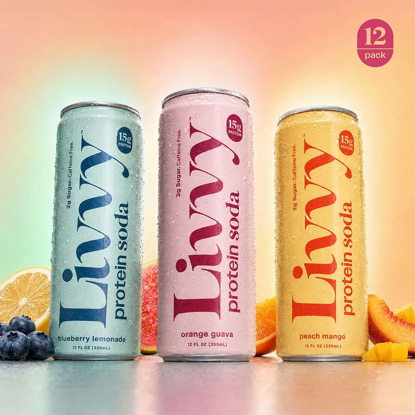 Livvy Clear Protein Soda, 15g Protein, Variety Pack, 12 fl oz Cans (12 Pack), 80 Calories, Caffeine Free
