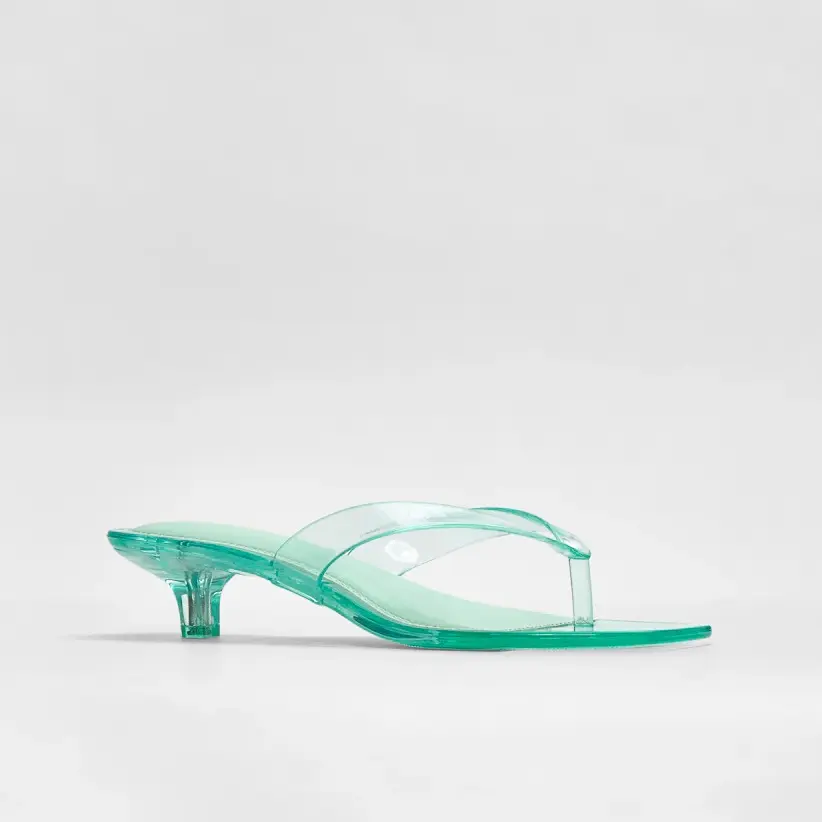 JUST FAB Women's Clear PVC Slip-On Thong Mules 1.5" Mini Kitten Heel Square Toe Jelly Flip Flop Heels Thong Heeled Sandal Summer