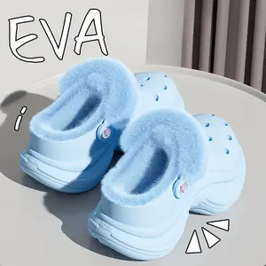 Autumn and winter padded EVA warm-up cotton slippers for women, thick-soled, fluffy, eyelet-style shoes, for home wear or outerwear, cotton shoes, as gifts, sharing, giving as a gift, parties, cute, warm, essential.