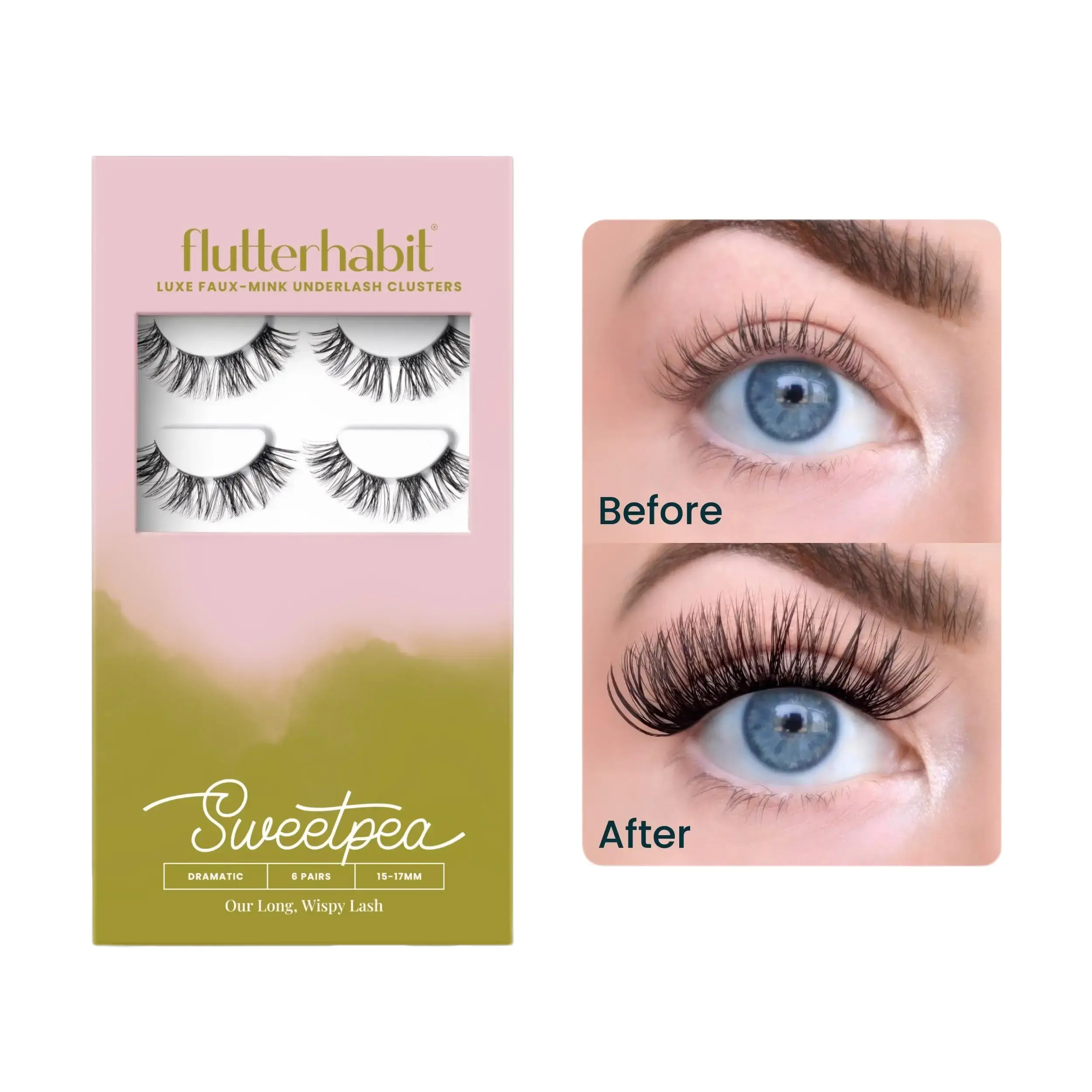 FlutterHabit Sweetpea | DIY Cluster Lash Extensions | 6 pair Lash Set | Long Wear Underlash Application