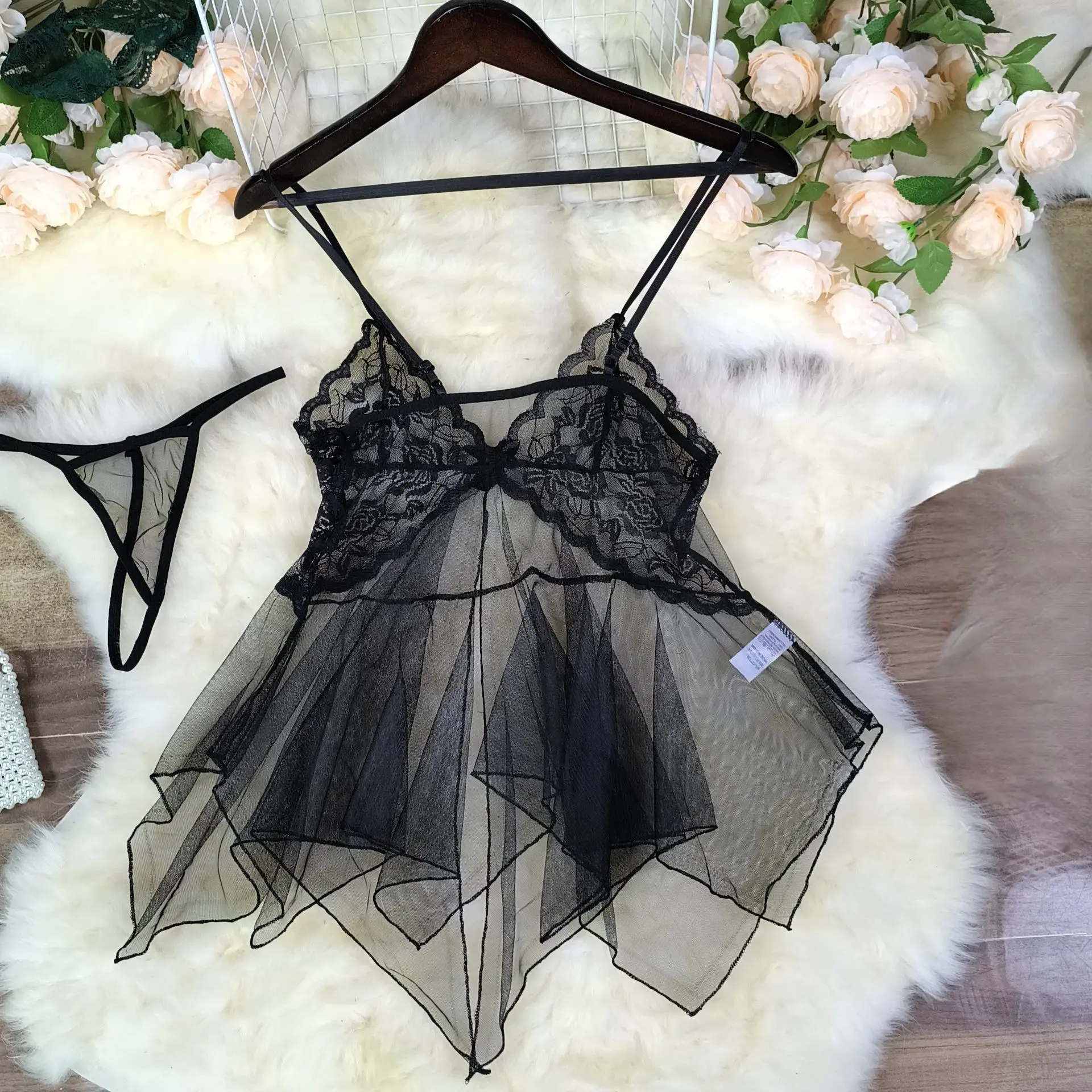 Short Front Split Women sheer lace babydoll sleepwear lingerie, women's sexy lingerie babydoll Mesh nightwear