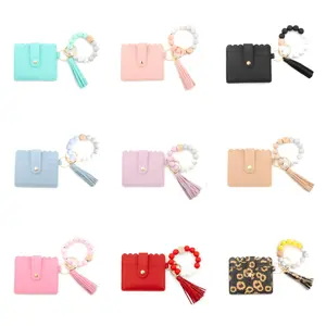 Wallet Keychain Wristlet Purse Beaded Bracelet Credit Card Holder Leather Tassel Key Ring for Men Women
