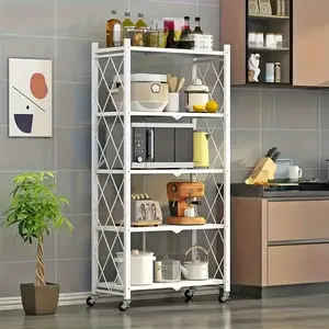 3/4/5-Layer Storage Rack with Wheels Foldable for Living Room Kitchen Garage Study Basment Practical Bookshelf No Installation Needed Organiser