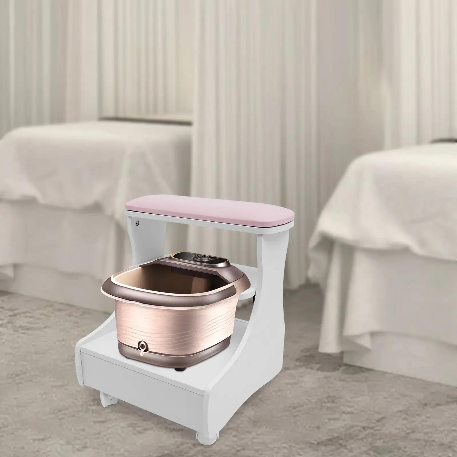 Modern MDF & PVC Salon Pedicure Chair with Floor Stand, 52x41x55cm Foot Bath Stool, 4 Wheels for Wheel Mobility, 20kg Capacity, White Pink, for Beauty Clinic Home