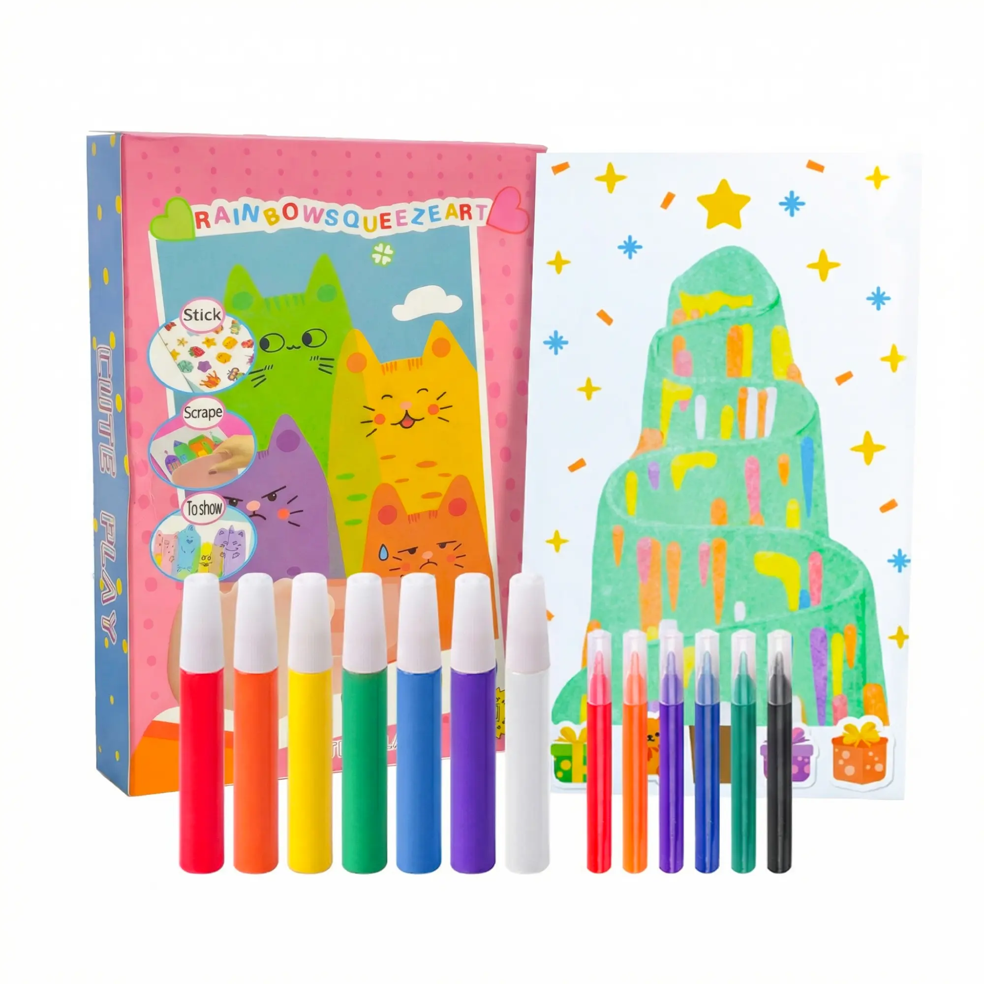 Rainbow Squeeze Art Kit - Creative Scratch & Color Art Set for Kids with 20 Drawing Papers 7 Acrylic Paints 6 Watercolor Pens 1 Sticker Sheet & Squeegee Board Perfect for DIY Art & Gifts tiktokshopspringglowup