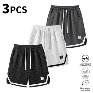 Men’s drawstring pocket shorts, 3-pack — casual woven beach shorts with a belt for summer, breathable everyday men’s shorts, ideal as gifts for him; summer ice-feel, breathable, cool-touch campus-style shorts; basketball shorts